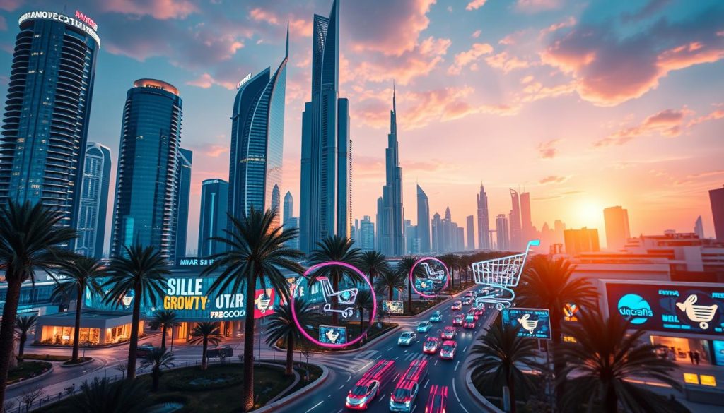 A vibrant landscape showcasing Dubai's bustling e-commerce market with icons representing paid search and digital growth