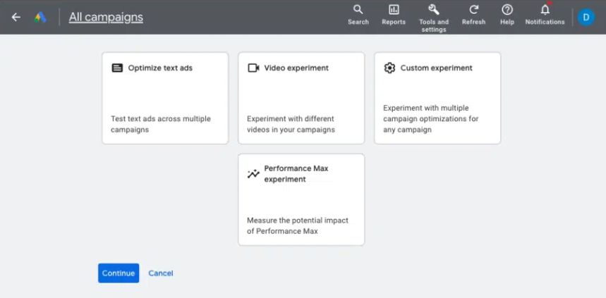Access the Experiments Tab google ads