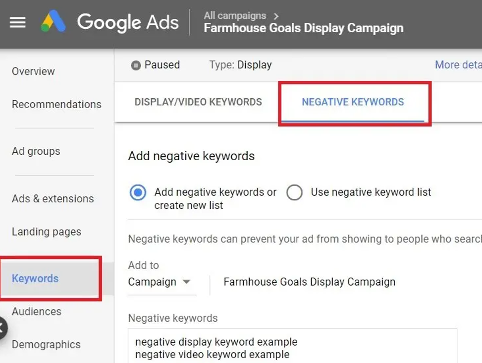 negative keywords google ads