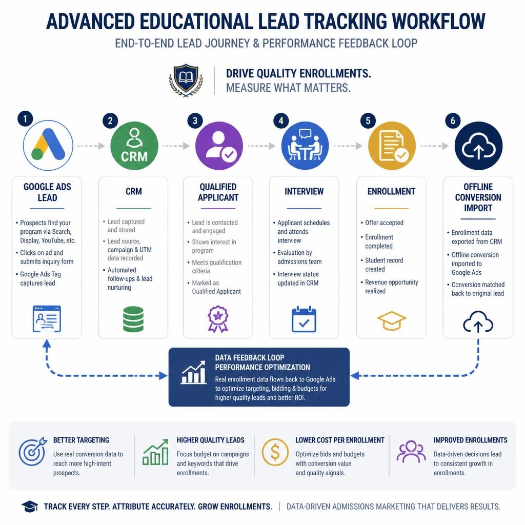 Educational lead generation infographic comparing Google Search Ads, Performance Max, and YouTube Ads by intent, lead quality, scalability, and awareness impact.
