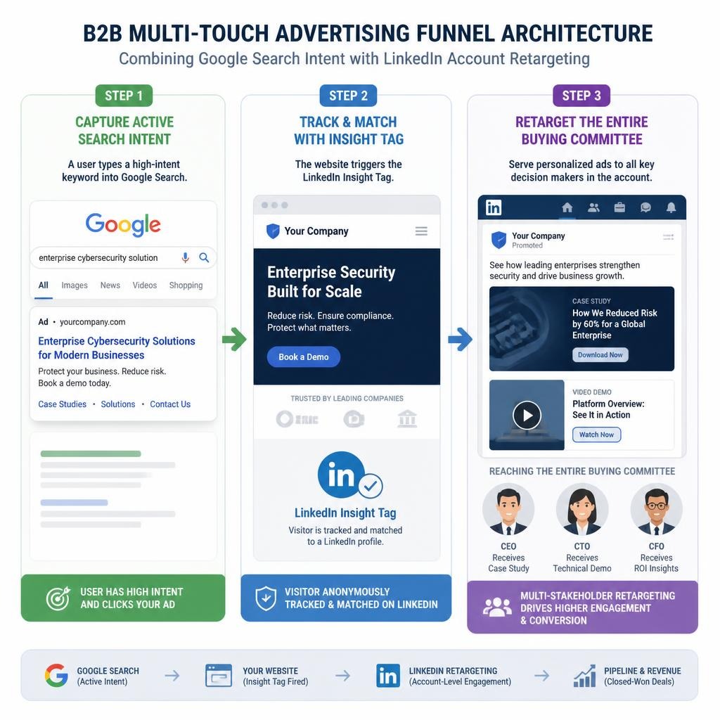 B2B multi-touch advertising funnel showing Google Search capturing active intent, a website firing the LinkedIn Insight Tag, and LinkedIn retargeting the CEO, CTO, and CFO to generate pipeline and closed-won revenue.
