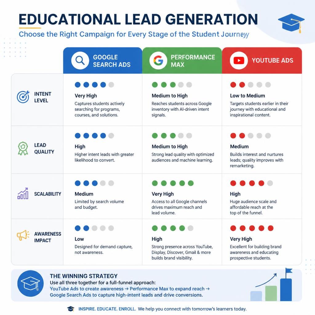 Educational lead generation infographic comparing Google Search Ads, Performance Max, and YouTube Ads by intent, lead quality, scalability, and awareness impact, with a full-funnel strategy from YouTube awareness to Search conversions.
- google ads for educational institutions lead generation