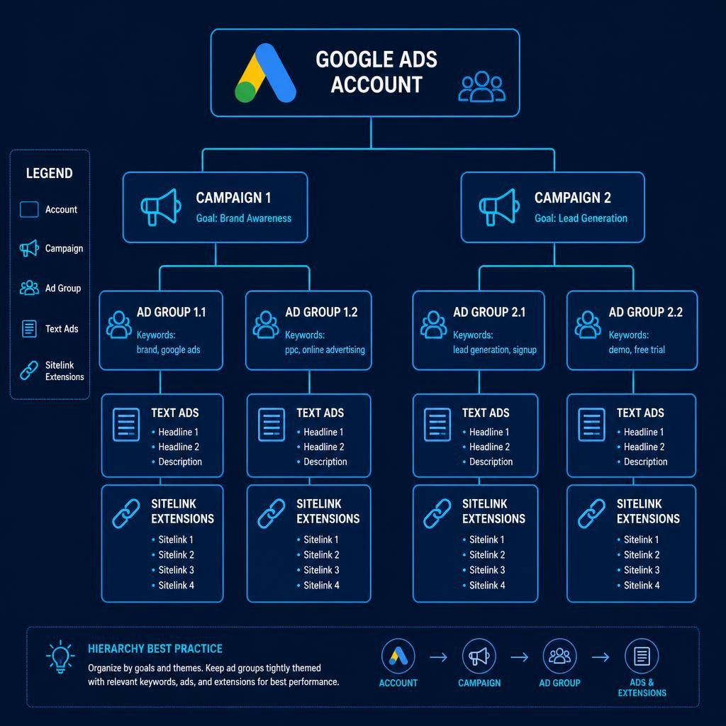 A flowchart diagram showing a Google Ads account hierarchy. It branches from a main account into two campaigns (Brand Awareness and Lead Generation), then into ad groups with specific keywords, text ads, and sitelink extensions.