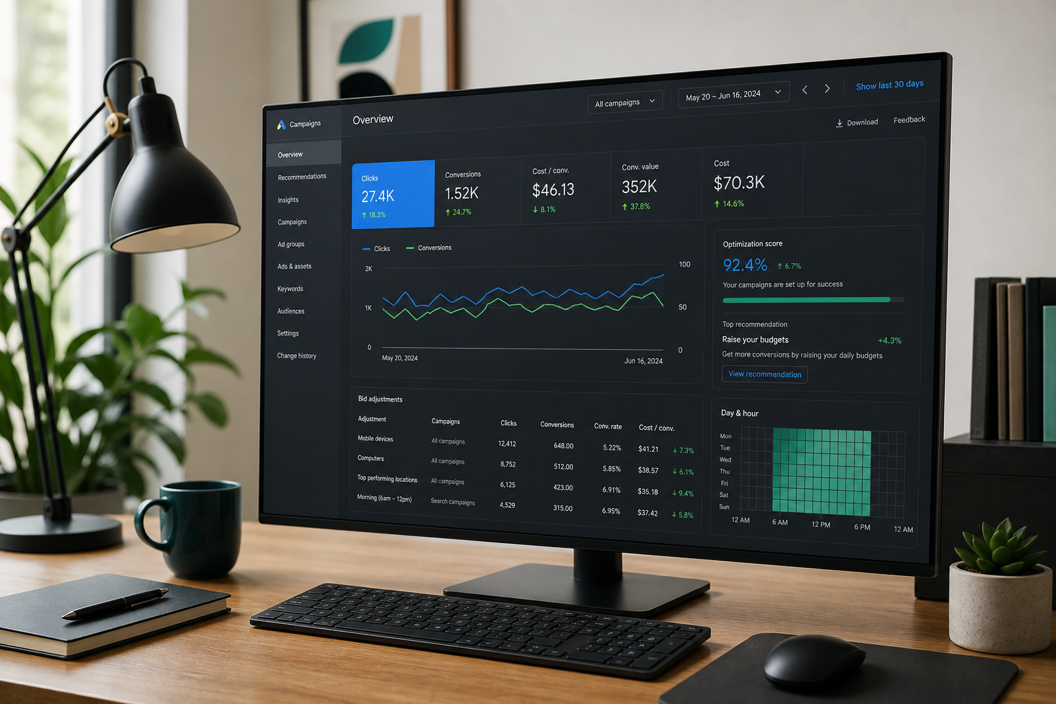 Google Ads automation dashboard improving campaign efficiency with AI