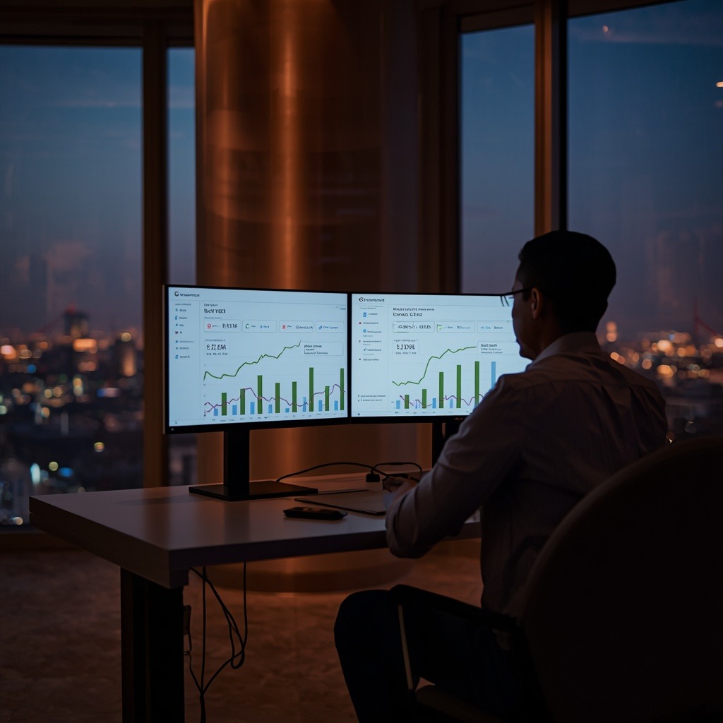A person sits at a desk in a dimly lit office at night, looking at two monitors displaying Google Ads for hotels and resorts performance charts and analytics.