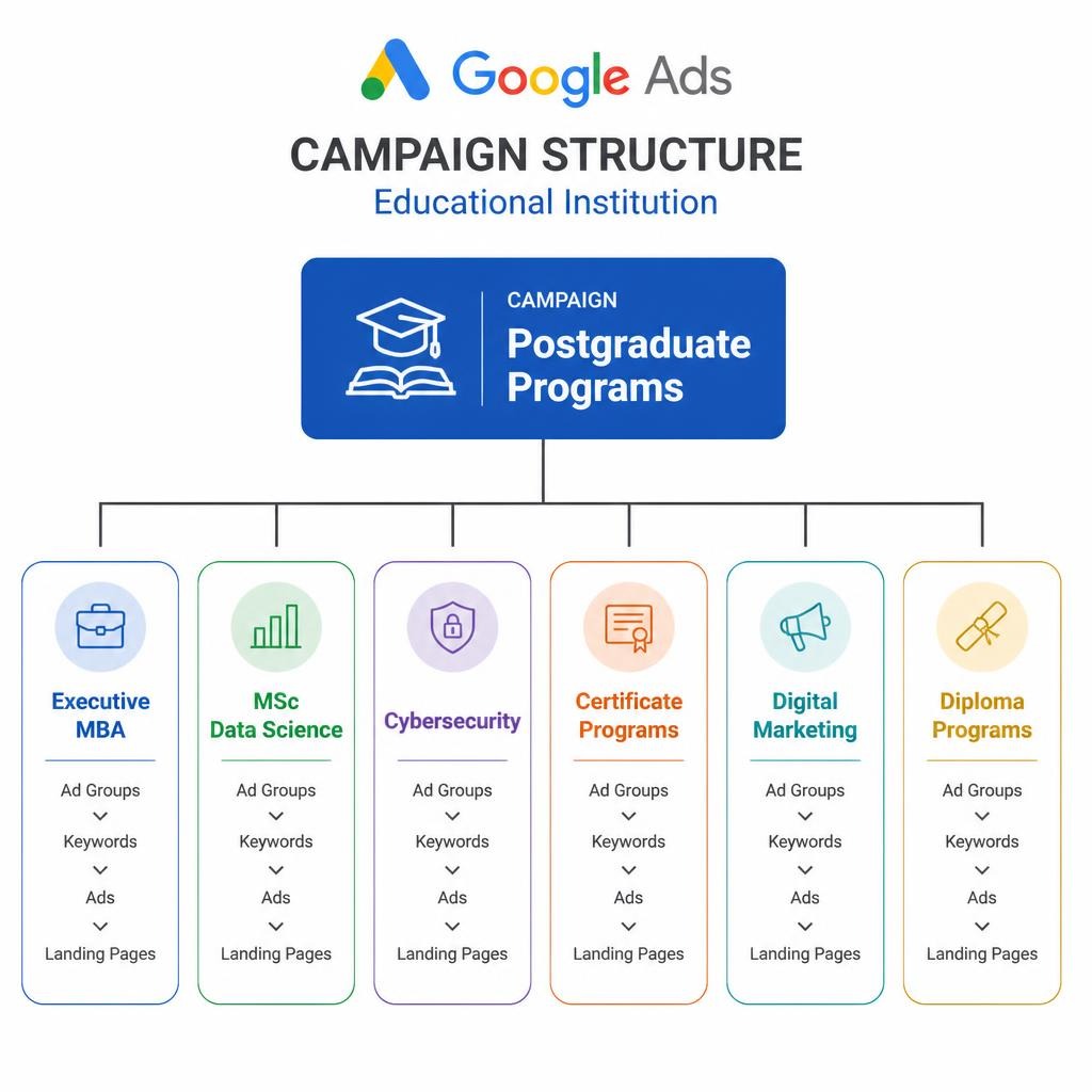 Google Ads campaign structure for an educational institution showing postgraduate programs divided into Executive MBA, MSc Data Science, Cybersecurity, Certificate Programs, Digital Marketing, and Diploma Programs.
