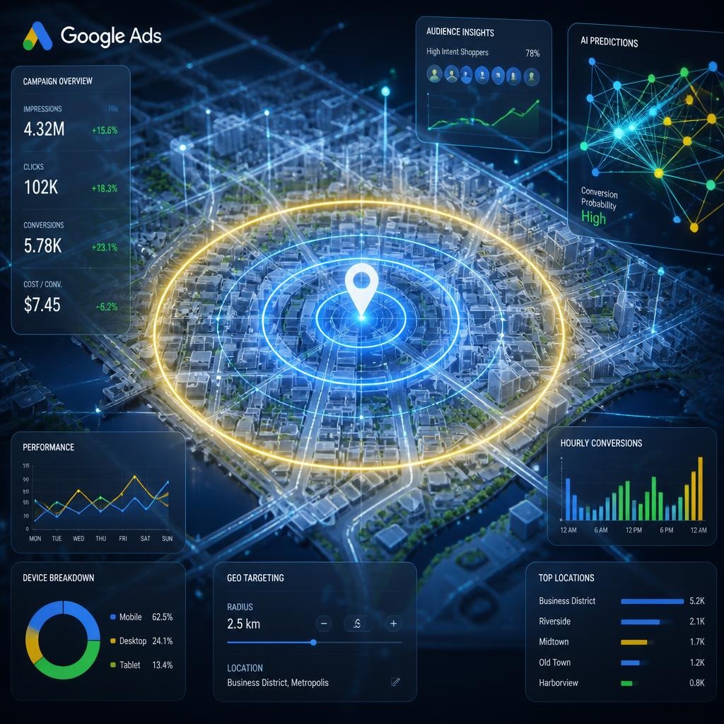 uturistic Google Ads analytics dashboard showing a city map with a geo-targeting radius, performance charts, AI predictions, and device breakdown statistics on a dark interface.