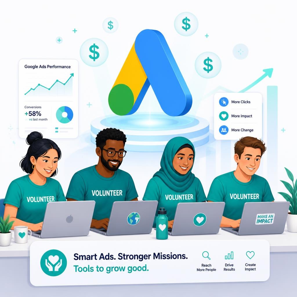 Diverse volunteers in teal shirts working at a desk beneath a 3D Google Ads logo, with performance metrics, upward-trending charts, and text promoting “Smart Ads. Stronger Missions,” representing Google Ads for businesses and mission-driven growth.