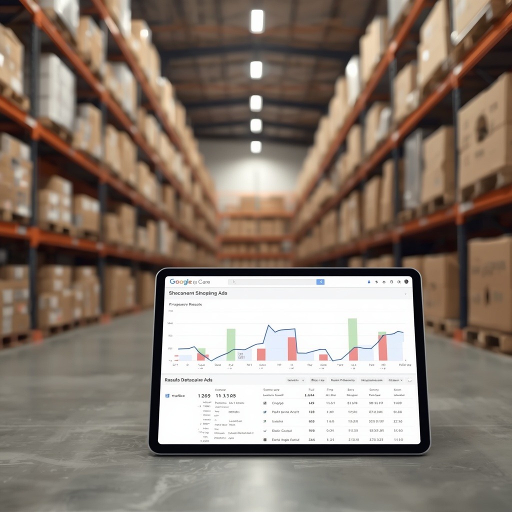 ecommerce google ads product feed optimization: A tablet on a warehouse floor displaying a Google Ads analytics dashboard with charts and campaign metrics, surrounded by tall shelving loaded with boxes.