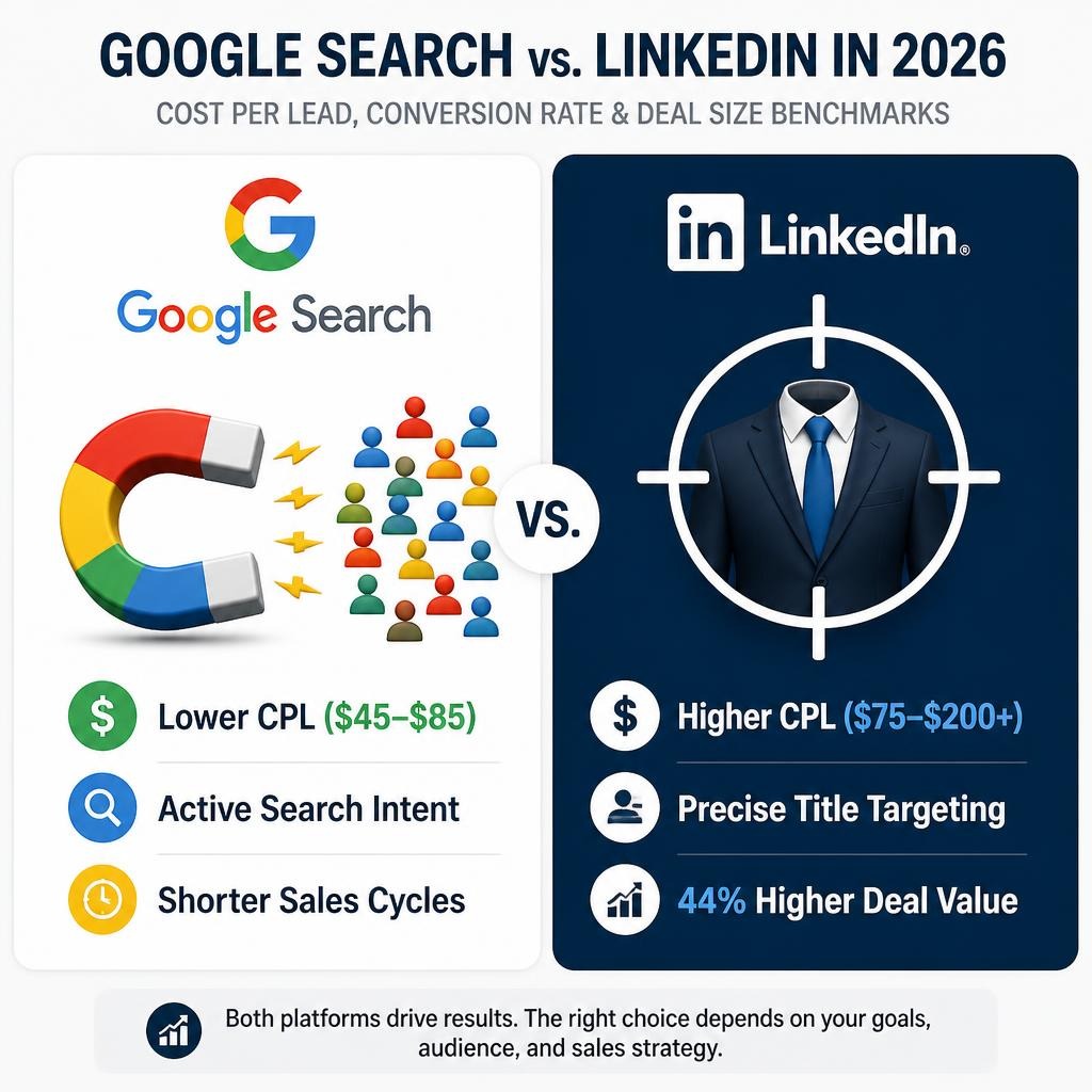 Check out this comprehensive google ads b2b lead generation linkedin vs google infographic, comparing Google Search and LinkedIn in 2026 by critical metrics such as cost per lead, conversion rate, and deal size benchmarks.