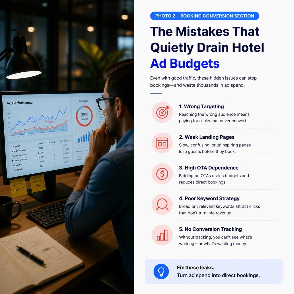 Infographic about hotel ad budget mistakes, showing a person reviewing ad performance on a monitor beside a checklist of common issues that reduce bookings and waste spend.