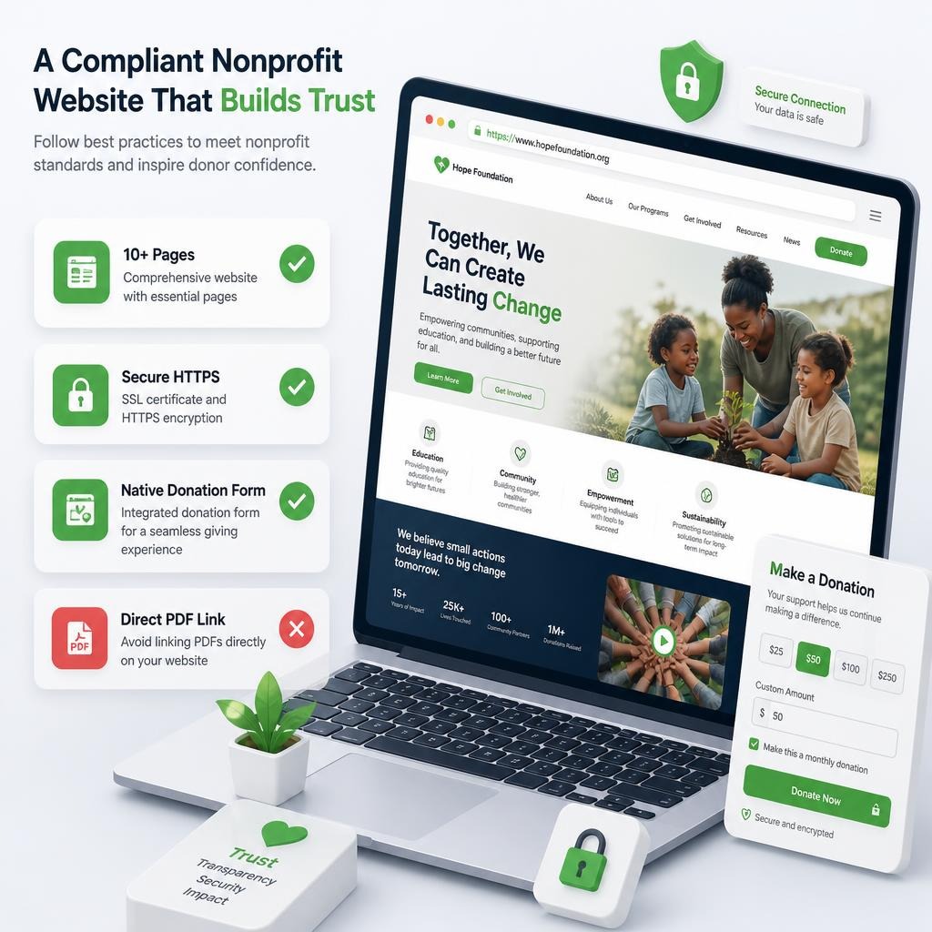 Nonprofit website mockup on a laptop and mobile device, highlighting compliant design features like secure HTTPS, donation forms, and trust-focused messaging, tailored to complement Google Ads for businesses.