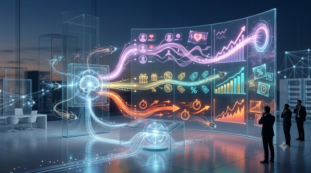 Business analysts examine a holographic dashboard as a glowing AI brain sends data streams to charts, graphs, and business metrics for data-driven decision-making.
