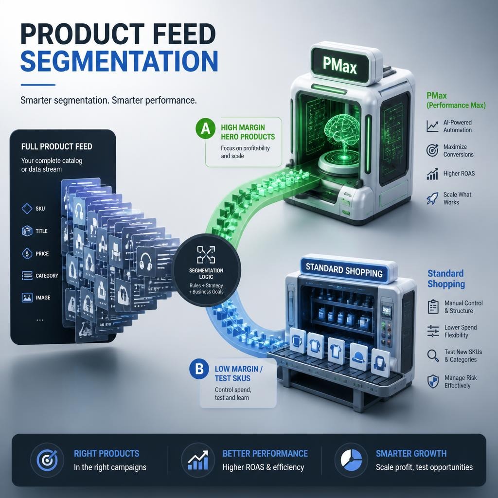 Performance max vs standard shopping comparison infographic: An infographic demonstrating product feed segmentation. It shows a complete catalog split by segmentation logic: high-margin products go to an AI PMax machine, while low-margin SKUs go to Standard Shopping.