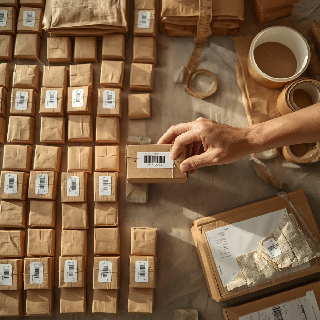 Top-down image of a hand holding a labeled cardboard box among rows of packaged products, with packing materials, shipping labels, and parcels arranged on a work surface.