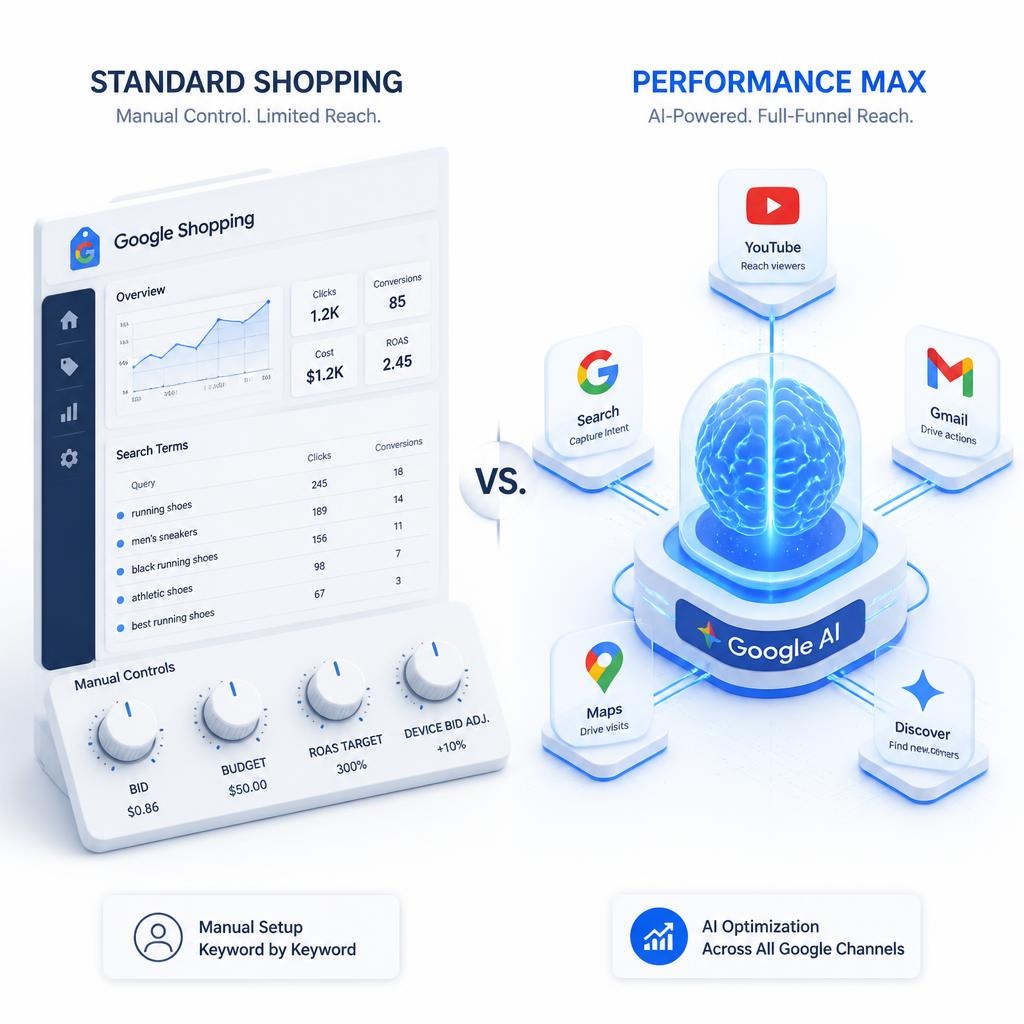 Performance max vs standard shopping comparison infographic: The left shows manual control knobs and keyword lists; the right shows a central AI brain connected to YouTube, Search, Gmail, Maps, and Discover.