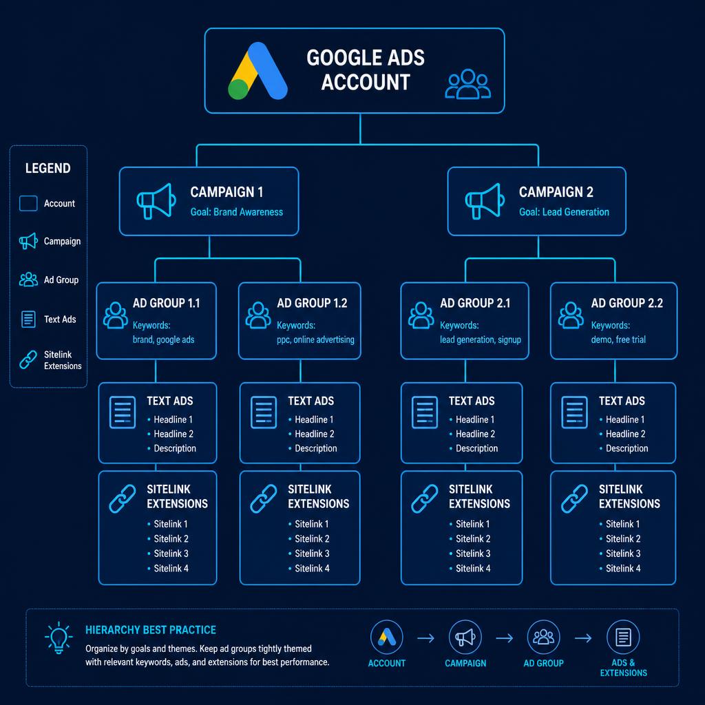 Car dealership Google Ads architecture with Vehicle Ads and CRM offline conversions